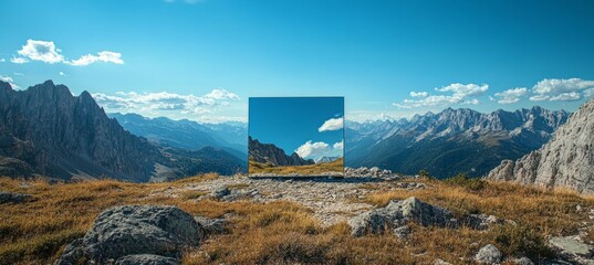 Rectangle mirror at mountain peak. Abstract fantasy art concept. Generative AI technology.	
