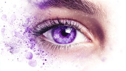  A detailed shot of an eye, iris stained with purplish paint splatters