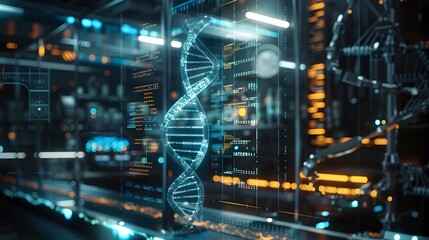 Futuristic Lab Scientists Use Holographic DNA Strands to Visualize Genetic Enhancements in High Tech Environment