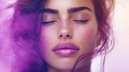 Fototapeta premium A woman with closed eyes and blowing hair in the wind