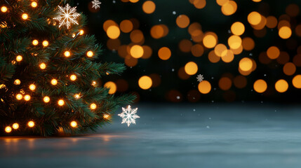 A beautifully decorated Christmas tree with sparkling lights and snowflakes under festive glow