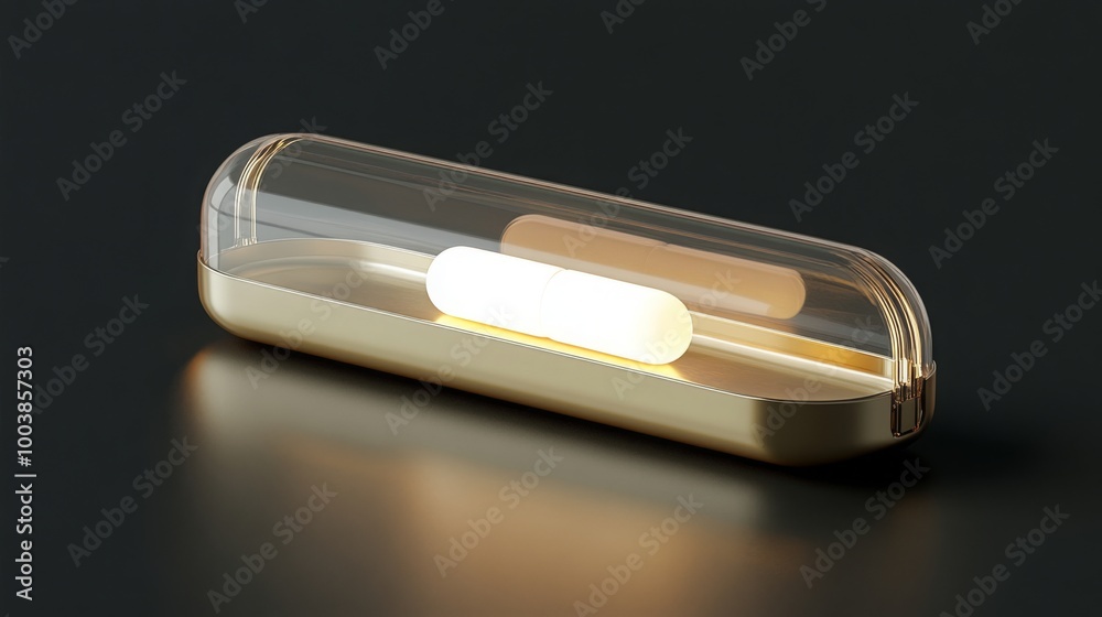 Poster a sleek capsule lamp rests on a dark surface, emitting a warm glow. its transparent covering and con