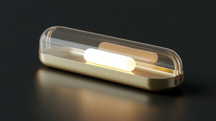 A sleek capsule lamp rests on a dark surface, emitting a warm glow. Its transparent covering and contemporary design create a striking contrast, enhancing the ambiance of any modern space.