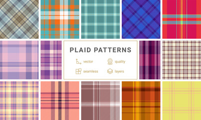 Plaid fabric patterns in vibrant checks, perfect for textile, clothing, or rustic wallpaper designs with a Scottish touch.