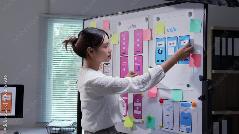 Wall mural asian ux designer works on a mobile app interface wireframe, focusing on user experience and digital