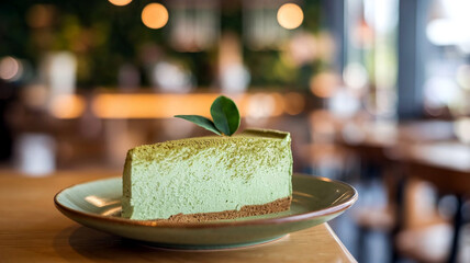 A delicious slice of green tea cheesecake served on a plate in a cozy cafe setting with a soft, warm background perfect for dessert and food photography. 