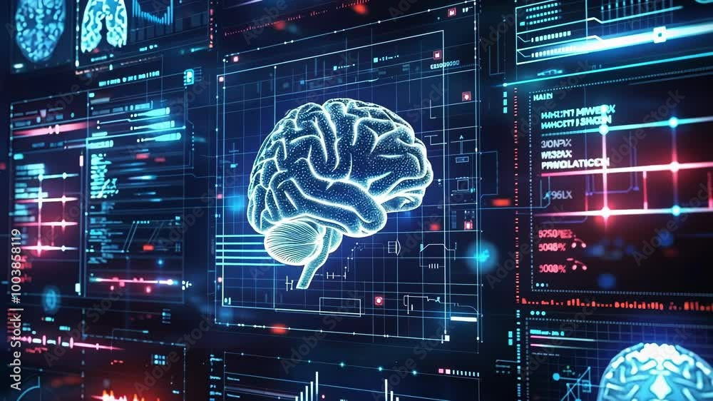 Poster digital brain surrounded by data processing on computer screens representing artificial intelligence