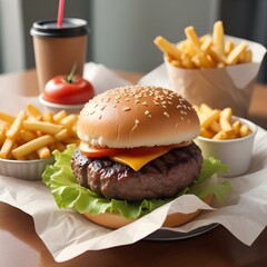 A fast food hamburger with a well-cooked char-grilled beef patty, crisp pickles, fresh leaf...