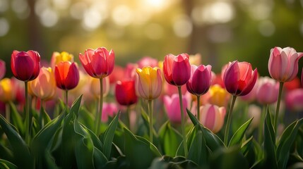 Vibrant Tulip Field in Bloom at Sunrise with Colorful Petals and Soft Sunlight in a Serene Garden Setting