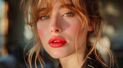 Fototapeta premium Close-up Portrait of a Woman with Blonde Hair and Red Lips
