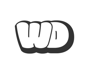 Obraz premium WD logo, bubble comic lettering, rounded in graffiti style black and white silhouette. Trendy preschool W and D letter text for festival party, personal initials, children funky print and web.