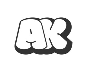 AK logo, bubble comic lettering, rounded in graffiti style black and white silhouette. Trendy preschool A and K letter text for festival party, personal initials, children funky print and web.