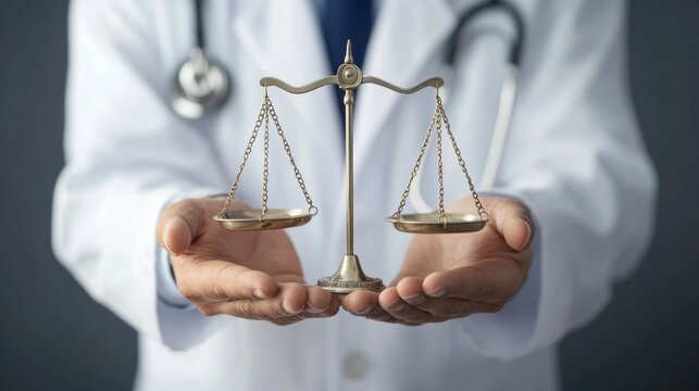 A doctor holding a scale with a chain