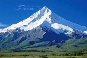 Fototapeta premium A majestic snow-capped mountain peak rises against a clear blue sky, with rolling green hills in the foreground.