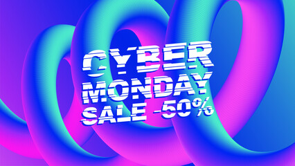 Cyber Monday Sale. Commercial background for Cyber Monday online discount shopping promotion and advertising. 3d curve line. Vibrant colors. Vector illustration.