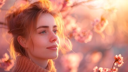 Fototapeta premium Young woman among cherry blossoms at sunset