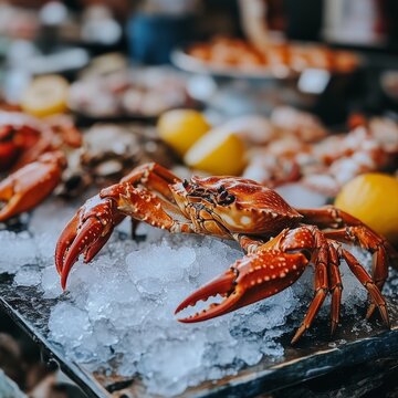 Fresh Red Crab on Ice, Ready for Sale at a Seafood Market surrounded by bounty of daily coatch
