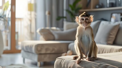 Obraz premium Lifelike Virtual Monkey Pet Performing Tricks in Modern Living Room