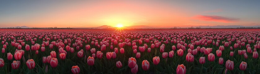 Stunning Sunrise Over a Vast Field of Pink Tulips in Full Bloom