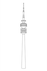 Line illustration of the 291 meter high modern iconic Olympia Communications tower building. Located at the Spiridon-Louis-ring, Olympiapark, Munich, Beieren, Germany