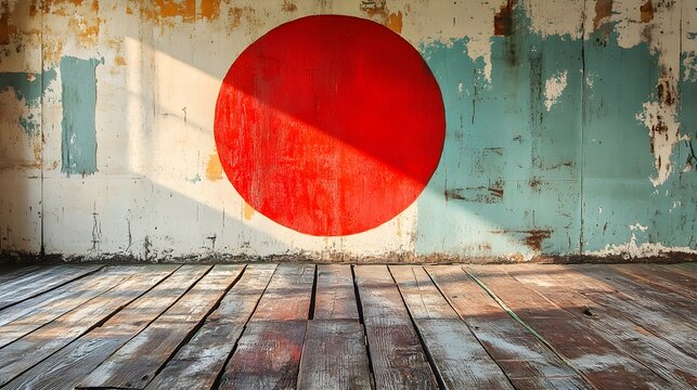 Vibrant beams of color on a rustic floor meet a weathered wall, a red circle painted in the center, creating a striking contrast of bold and aged textures