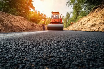A man is working on a road with a large orange machine