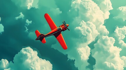 Red airplane in the clouds on a green background.-3d render. 