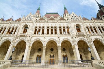 Exterior view of the national parliament in Budapest, Hungary.