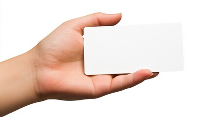 Obraz premium Close-up Womans Hand Gently Holding a Blank White Card, Isolated on a White Background