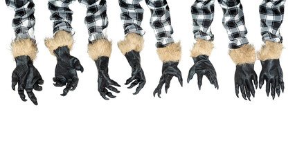 Set of werewolf hands with fur and black claws. Scary claw of werewolf, wolfman, or animal monster...