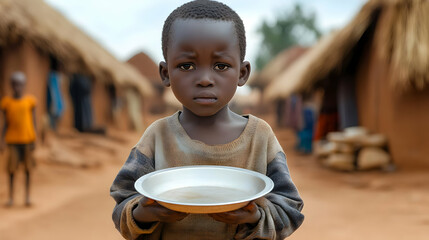 Young Boy Holds Empty Plate, Hunger and Poverty in Rural Africa