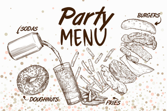 Party menu banner design with soda and a glass, doughnut, fries and burger with layered ingredients. Vector food assets with hand drawn fast foods. Outline and fill are grouped separate.