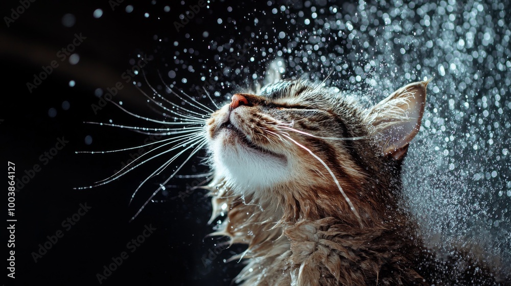 Poster an amusing shot of a cat shaking off water after a bath, droplets flying in all directions, capturin