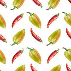Peppers seamless pattern. Hand drawn watercolor illustration isolated on white. For wrapping paper, textile, covers, fabric, wallpaper, scrapbooking.