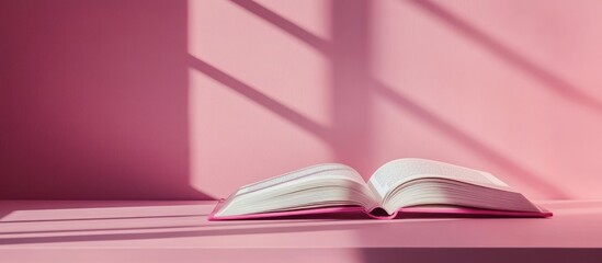 Naklejka premium Open book on pink surface with sunlight shadows.
