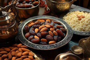 Sumptuous Spread Of Traditional Arabic Food Served During Ramadan Featuring Dates and Almonds