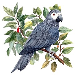 Obraz premium Watercolor Illustration of a Gray Parrot Perched on a Branch with Lush Green Leaves.