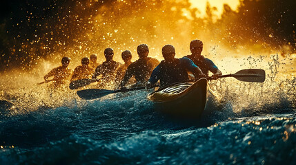 Kayaking Team Races Through Water,  Golden Hour Sunset