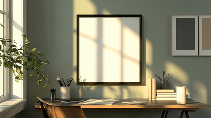 Mock-up frame in a small workspace with modern office decor, 3D render.