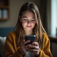 Fototapeta premium Amazing high resolution photos of confused teenage girl reading text message on her smartphone.Mobile communication