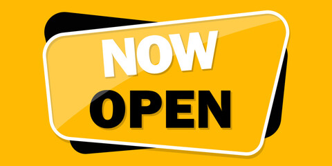 Now Open white sign on yellow background.White paper letters label. Open business concept. Access tag. Store badge