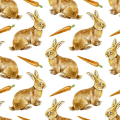 Cute brown rabbits and carrots. Seamless pattern. Hand drawn watercolor illustration isolated on white. For textile, wrapping paper, fabric, covers, wallpaper.
