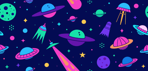 Colorful seamless pattern featuring aliens and ufos for decorative design