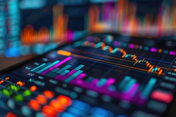 Close-up of financial data on digital screen with colorful graphs and charts, illustrating stock market analysis and trading trends.