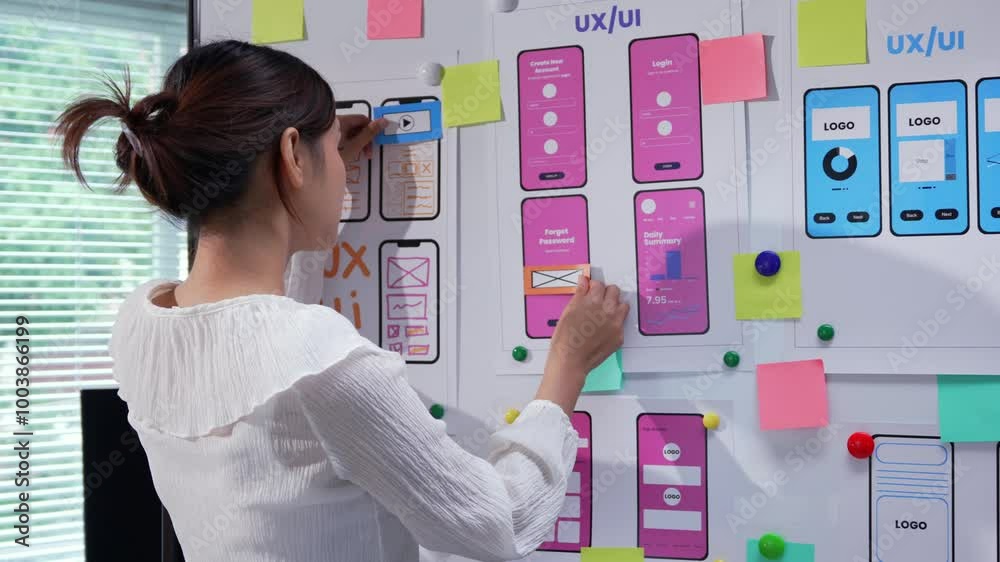 Wall mural young woman arranging post it notes on a whiteboard while working on a ux design for a mobile app in