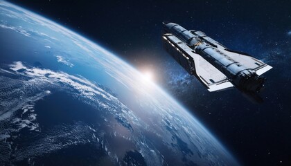 Fototapeta premium Space craft in outer space near Earth planet. 