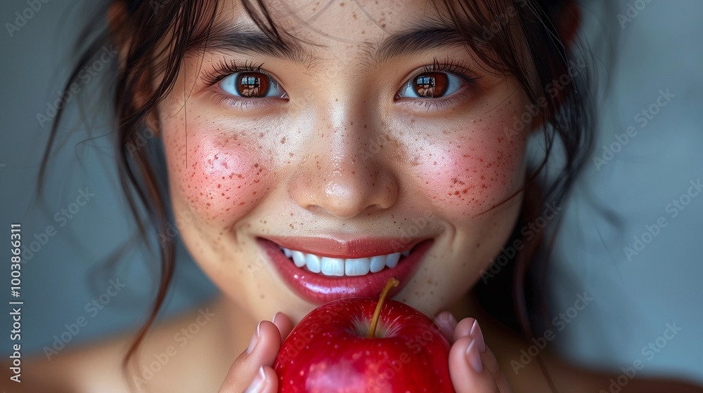 Sticker Smiling woman with freckles holding a red apple