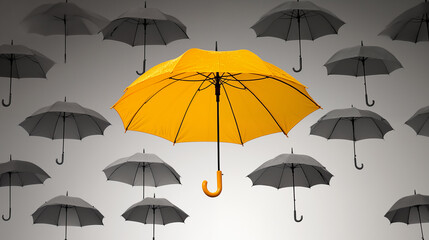 Obraz premium Yellow umbrella with black umbrellas on grey background. 3D rendering