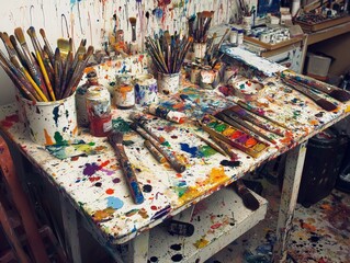 Messy Artist Desk Covered in Splattered Paint