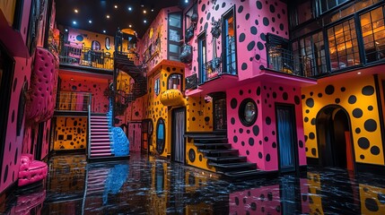 Obraz premium An indoor space with a whimsical design featuring pink and yellow walls with black polka dots, blue and pink staircases, and a black glossy floor reflecting the colorful surroundings.